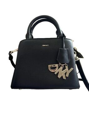 DKNY Black Leather Satchel with Logo Charm Accent